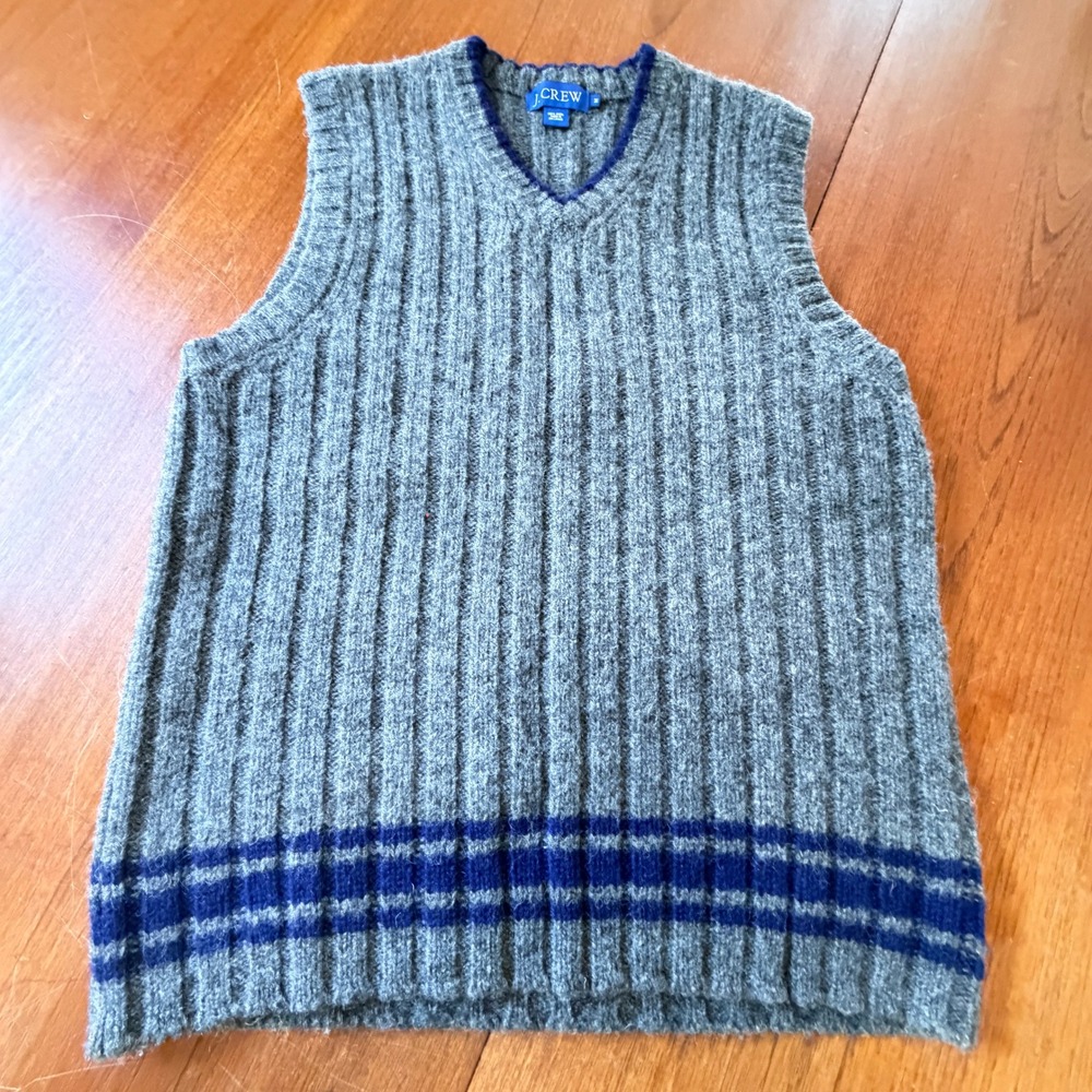 J.Crew Grey Wool Ribbed V-Neck Sweater Vest Blue Mens Sz M academia Preppy Ivy